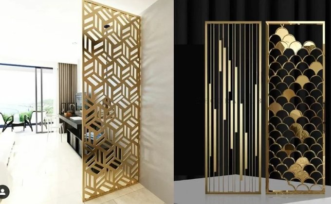 Incorporated PVD-coated stainless steel with custom patterns for partitions and ceilings.